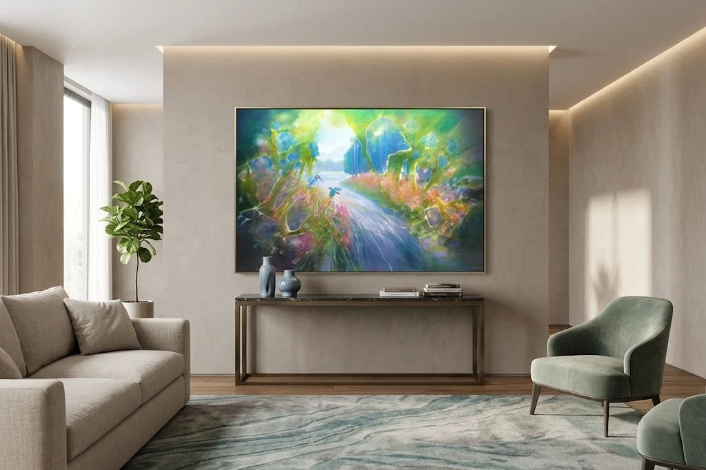 analogous nature painting by Gill Bustamante staged in a modern interior.