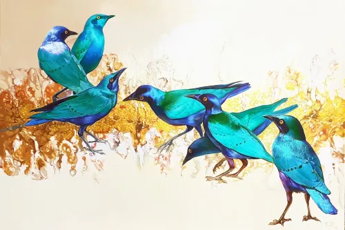 AT-THE-STREAM-/-BLUE-EARED-STARLINGS