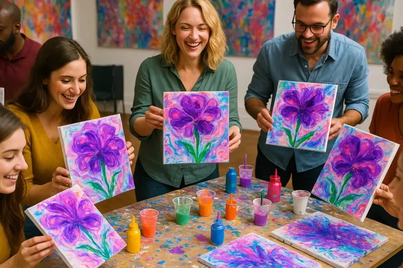 Purple-Flower-Acrylic-Pour-Painting-Class-for-Adults-and-Teens