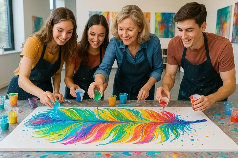 Colorful-Feather-Acrylic-Pour-Painting-Class-for-Adults-&-Teens