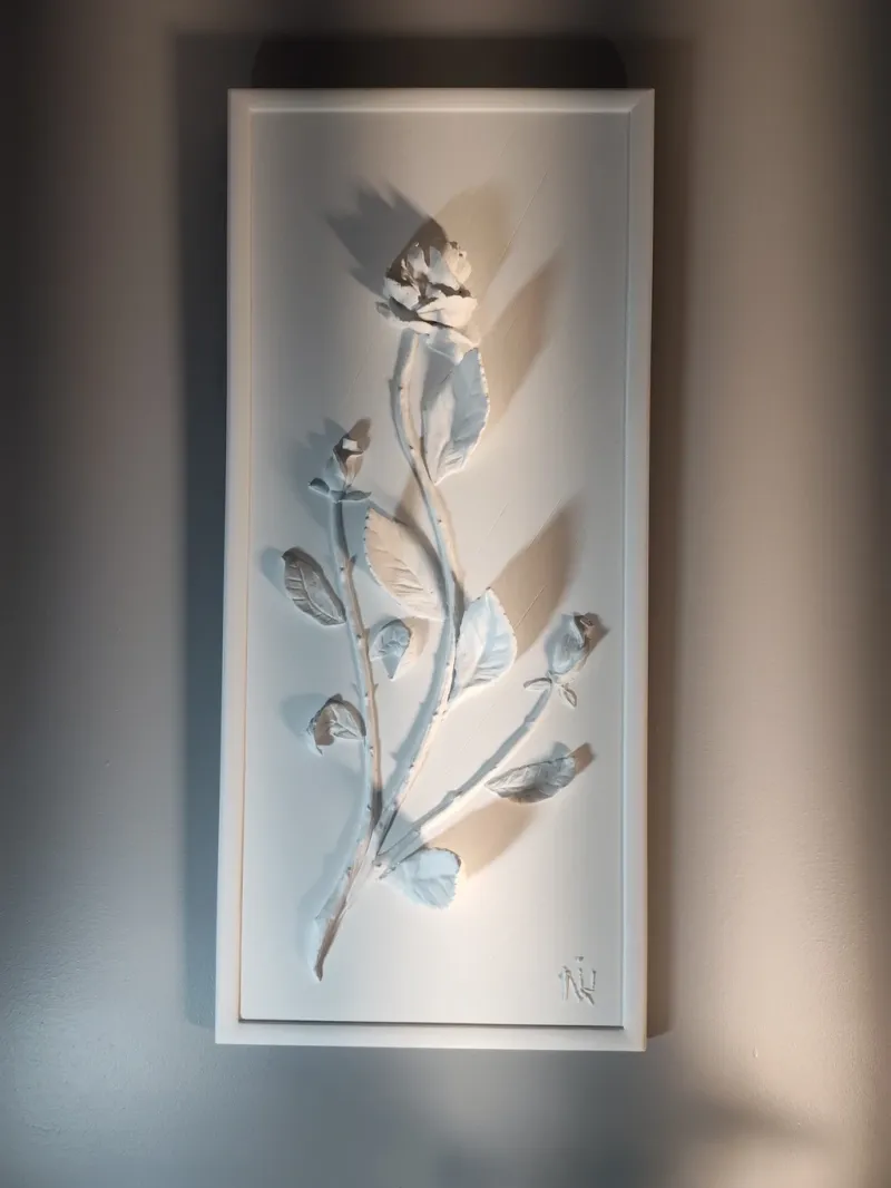 Rose-–-Serene-Floral-Bas-Relief-in-Plaster-&-Metal